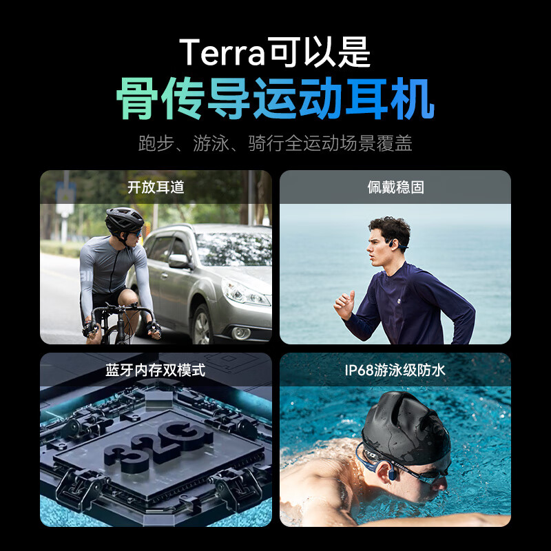 墨觉（MOJAWA）Terra 头戴式智能运动设备耳骨传导蓝牙运动耳机无线跑步骑行游泳8级防水32G内存 高级黑