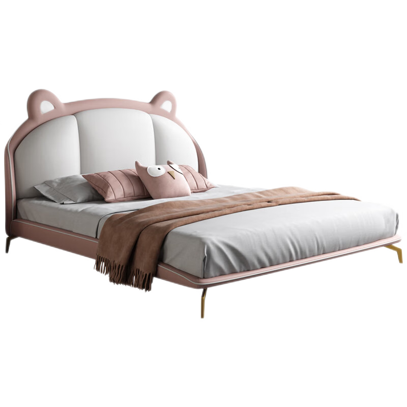 【七夕礼遇季】简奢表情 真皮床实木童趣床粉色熊耳朵1.2米1.5米单人床北欧轻奢风 单床 1200mm*1900mm  支架结构