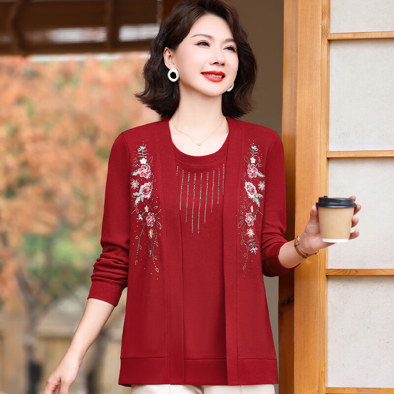 孜颜中老年女士毛衣/针织衫50-60岁洋气妈妈装春装女2026新款衣服上衣 红色 XL 【建议80-100斤】