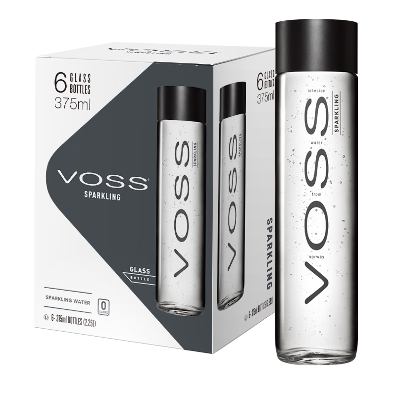 芙絲（VOSS）挪威進(jìn)口蘇打水氣泡水(含氣) 375ml*6瓶(玻璃瓶) 禮盒裝 運(yùn)動(dòng)健身