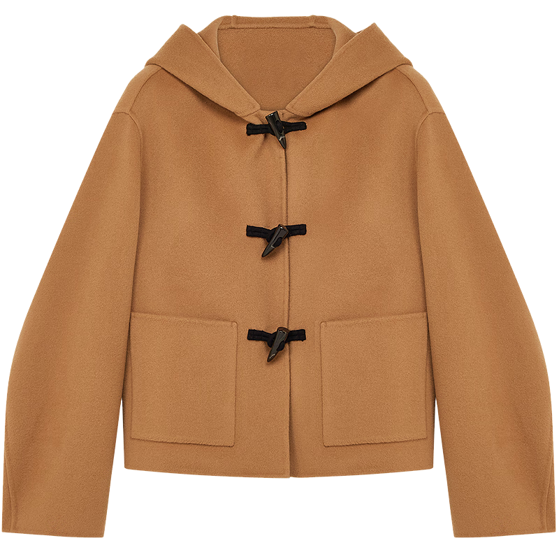 BLUE ERDOS毛呢大衣女装24秋冬新款减龄学院风牛角扣羊毛保暖短款连帽外套 92%羊毛8%羊绒-驼 170/88A/L8055元拍5件(合1611元/件)