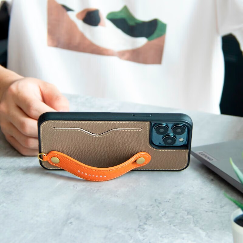 花虎（HANATORA）苹果13Promax手机壳带支架带挂绳腕带插卡真皮新款iPhone13女款男款卡包全包防摔日式风格高级感 纯橙色 iPhone13Pro