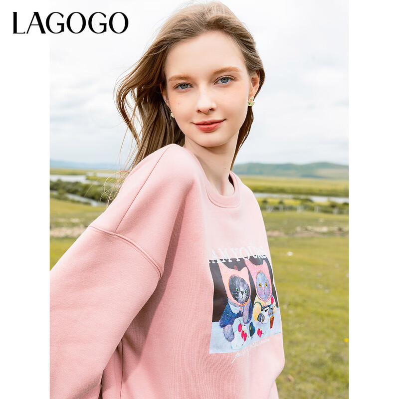 LAGOGO加厚套头圆领卫衣女拉谷谷秋冬新款假两件设计感猫咪上衣 粉红色(H8) S 155/36