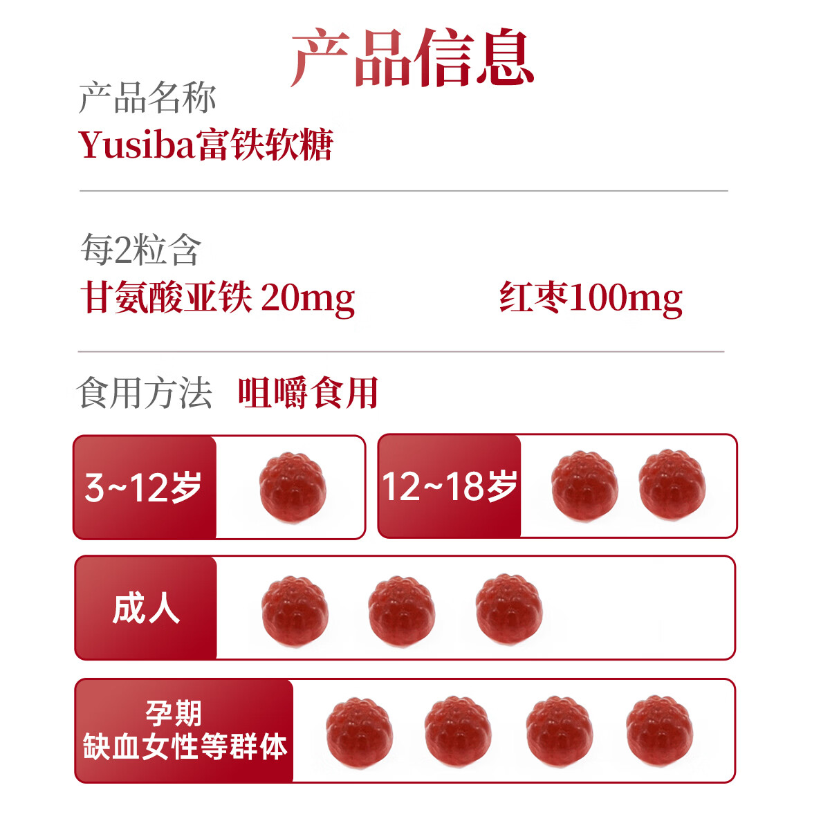 Yusiba御仕葆螯合铁剂补铁软糖20mg60粒 缺铁产后孕妇儿童补铁片维生素b 甘氨酸螯合铁软糖 60粒*1瓶