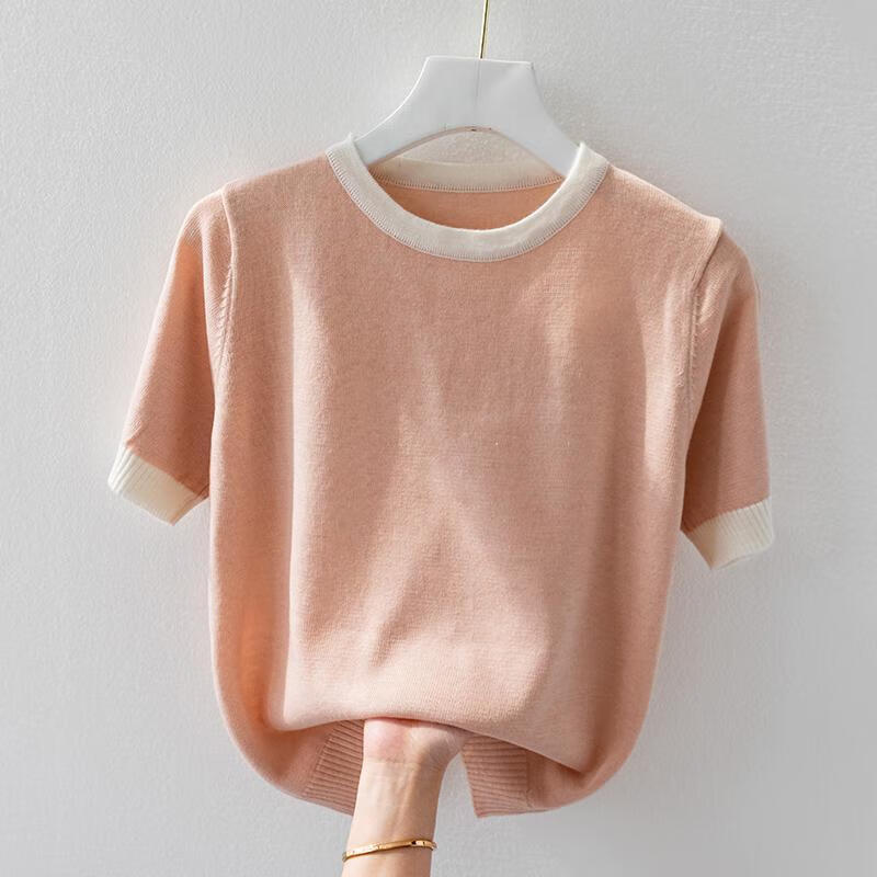 短袖t恤女针织衫夏季撞色薄款气质洋气时髦chic港味短袖上衣 桔粉色 s
