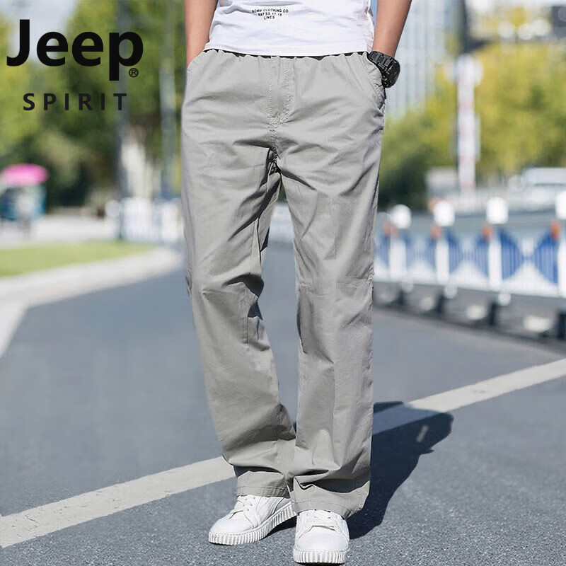 吉普(jeep)休闲裤男宽松直筒大码长裤松紧腰肥佬裤运动多口袋户外耐磨