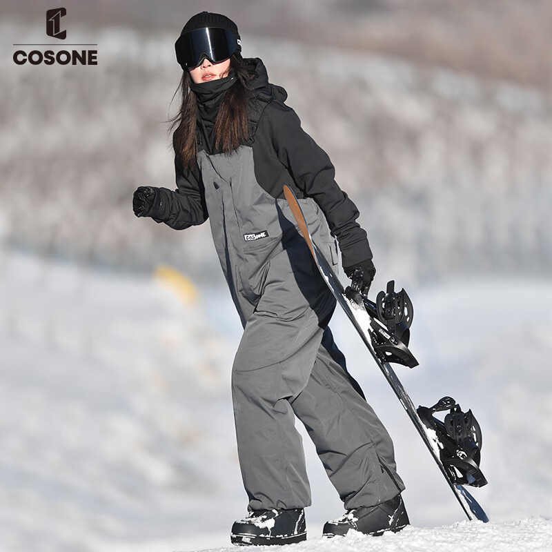 COSONE單板滑雪服背帶褲女男款防水加厚保暖加棉專業(yè)加寬連體褲子 灰色 S