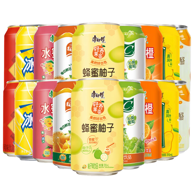 康师傅饮品310ml*24瓶易拉罐饮料整箱冰红茶茉莉水蜜桃冰糖雪梨多口味选 2到5味随机拼箱【310ml*24罐】