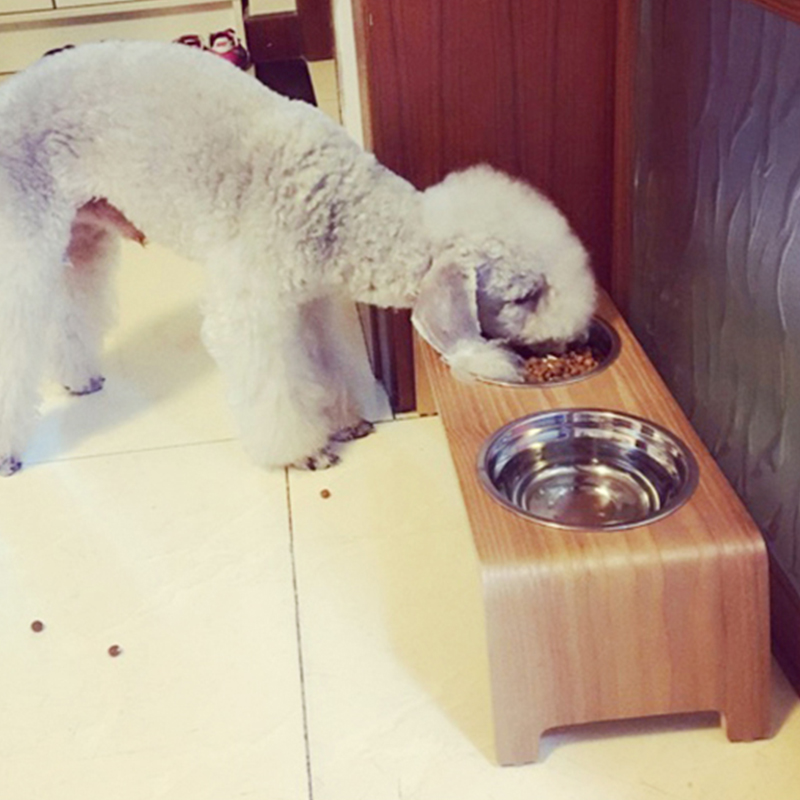 柴犬实木餐桌水曲柳双碗不锈钢狗碗盆保护颈椎狗粮食盆喝水碗中型犬