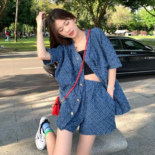 穿搭套装胖mm胖妹妹大码夏装盐系炸街夏季牛仔 两件套 l(建议100-120