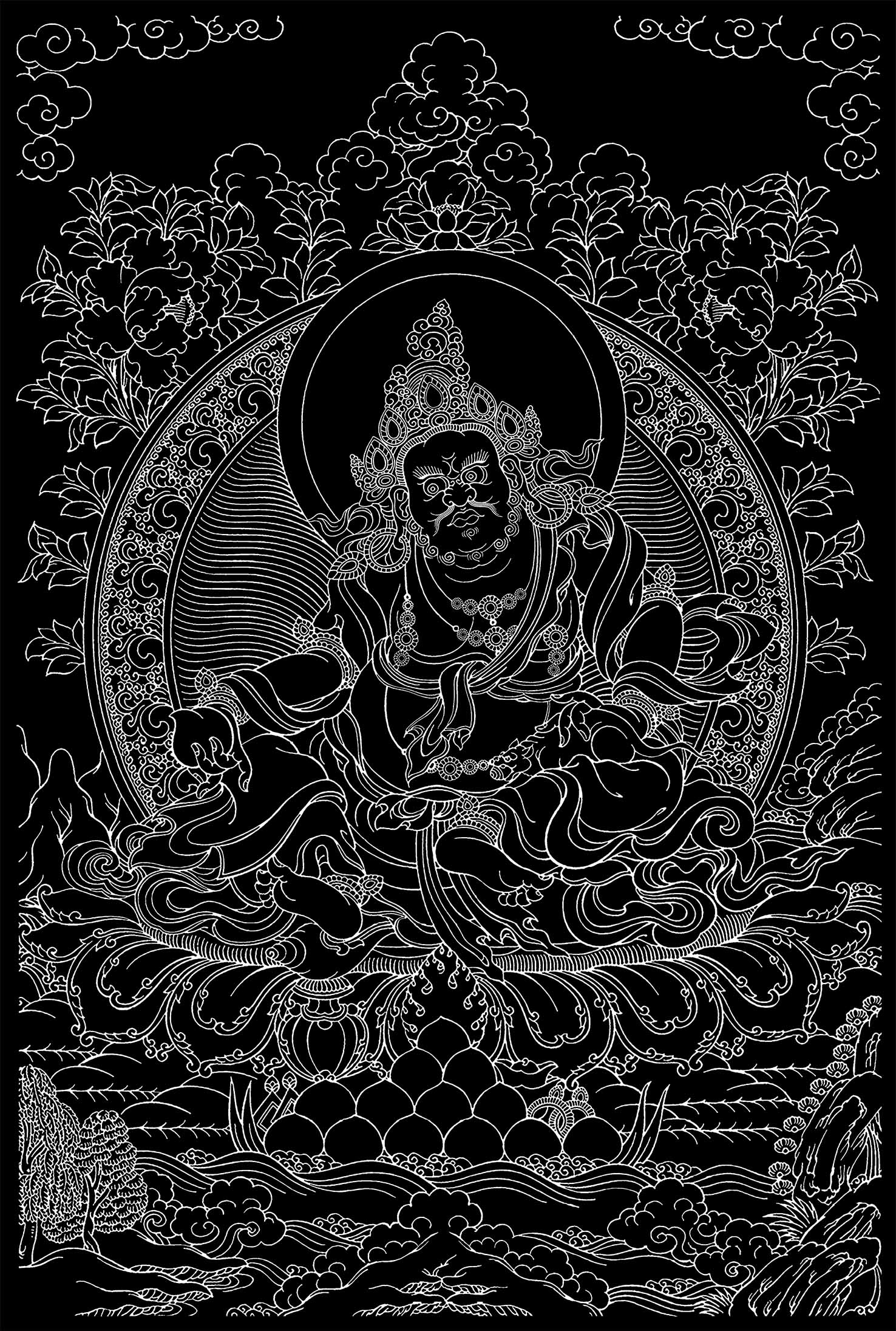 唐卡手绘填色喜域黄财神描金唐卡|静心减压|佛像涂色线稿|diy手绘填色