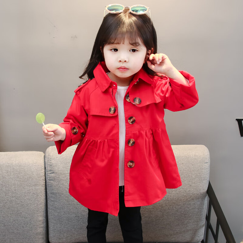 女童2020风衣外套儿童0-5岁小童春秋新款韩版中长款褂子女宝宝上衣 红色 110码建议身高105cm左右