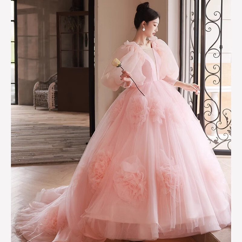 巨宠粉色晚礼服裙女轻奢高端法式轻婚纱新娘出门纱在逃公主艺考蓬蓬裙