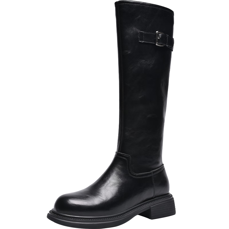 ZHR長(zhǎng)筒靴子女冬不過(guò)膝厚底騎士靴復(fù)古西部旅游加絨女靴BL323A黑色39