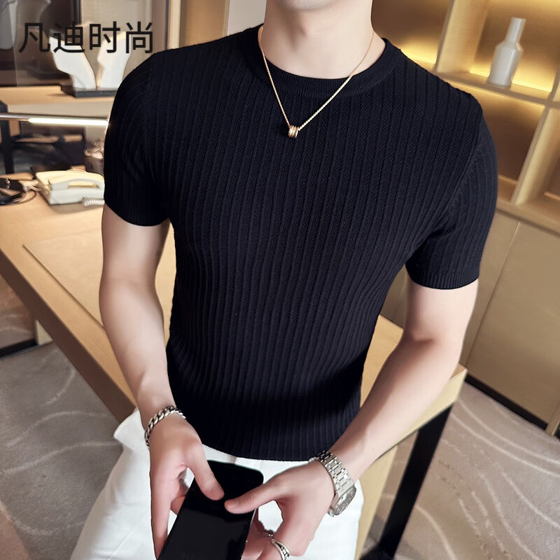 凡迪时尚(fandiss)春秋针织衫男士短袖紧身圆领修身个性帅气半袖毛衣