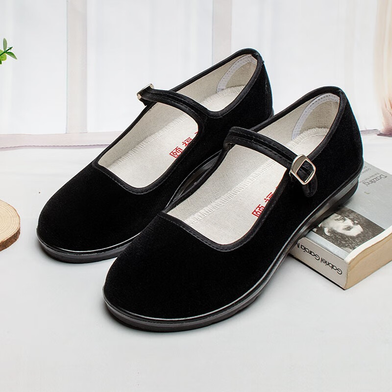 颐福元老北京布鞋女软底上班工作鞋黑色女一字扣带酒店保洁鞋透气平底