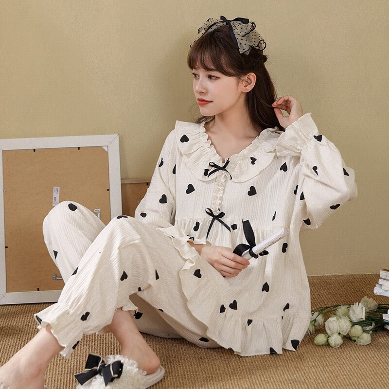 sinihuaji少女生睡衣家居服春秋长袖长裤女款套装可爱学生大码可外穿