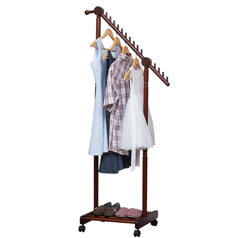 诺顿伯格实木挂衣架落地卧室衣帽架客厅现代简约多功能韩式日式简易衣服架子转角玄关家用衣架 胡桃色丨670*450*1610H丨加高款