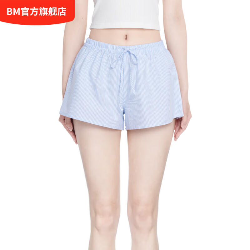 BM條紋綁帶短褲女2025夏季新款闊腿褲顯瘦顯腿長寬松百搭休閑褲 藍色 均碼