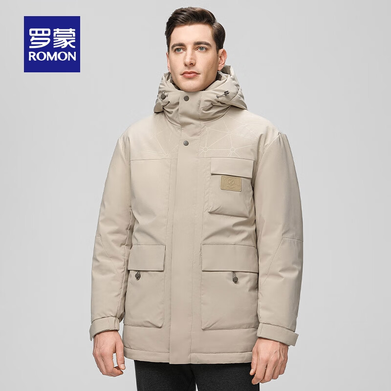 罗蒙鹅绒羽绒服男冬季新款中青年时尚潮流连帽保暖外套  卡其 L 175（建议115-130斤）