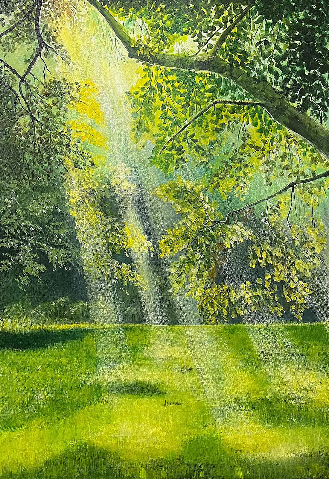 客厅丁达尔效应手绘油画绿色树木森林风景装饰画玄关丙烯肌理挂画 无