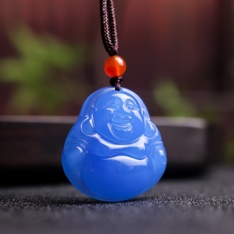 玉堂巴西蓝色玉髓佛公观音吊坠珠宝玛瑙宝蓝色挂件玉坠项链荔枝冻玉佩