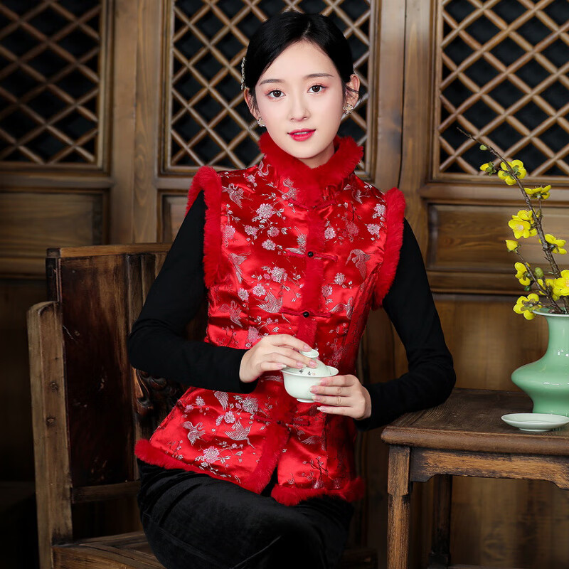 汇汇茵中国风唐装小棉袄民族风冬季棉袄夹棉过年女装旗袍小袄红色中式