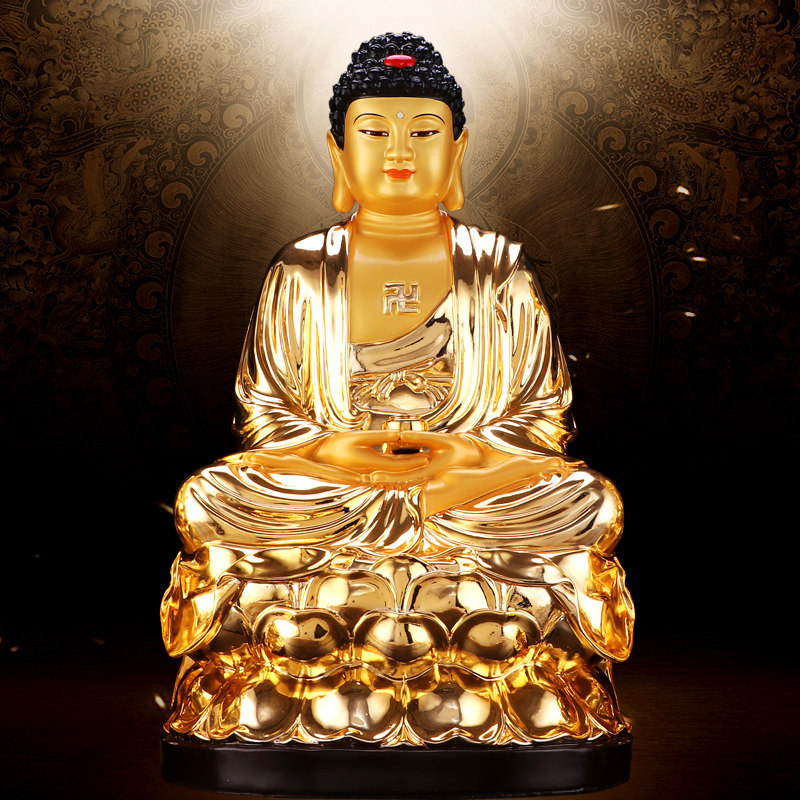 圆通工艺 台湾纯铜鎏金释迦牟尼佛像家居佛堂摆件如来佛祖娑婆三圣