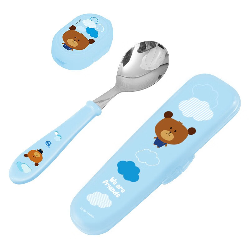 联扣小学生勺子儿童吃饭餐具316不锈钢勺子卡通调羹便携可爱儿童汤勺 【316】树脂柄勺(蓝熊)+勺盖勺盒
