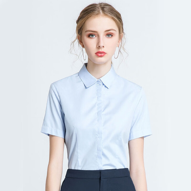g2000短袖白色衬衫女职业服装通勤免烫抗皱上衣纯色衬衣女装 蓝色短袖