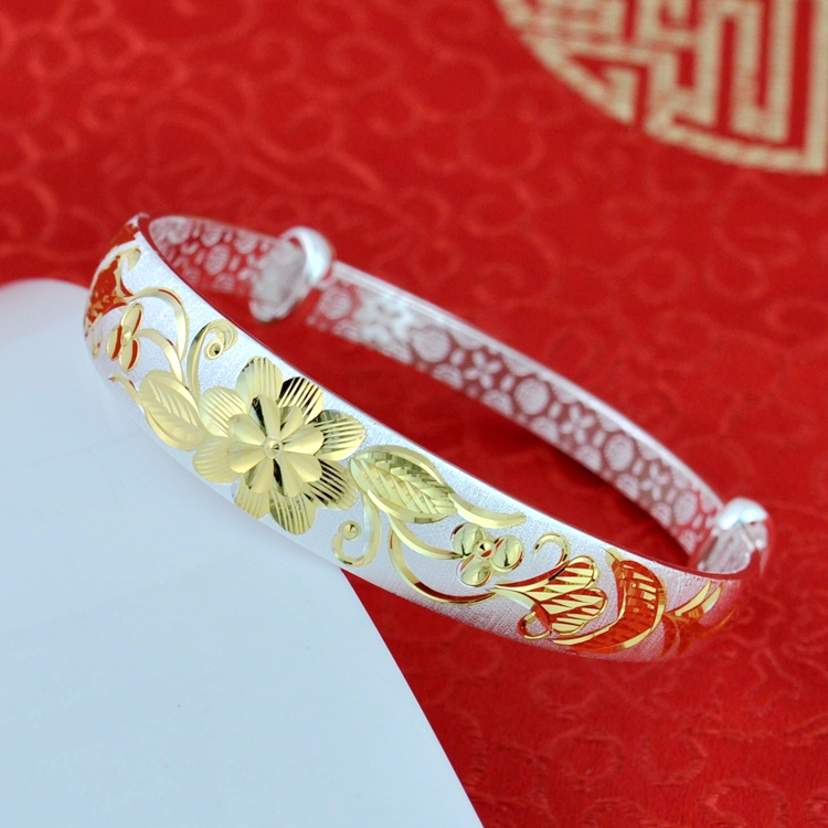 荷蓝珠彩银手镯s999女银彩推拉花手镯女款送妈妈礼物气质银饰sn9371