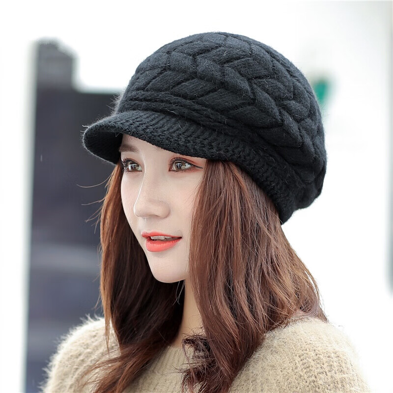 帽子女秋冬天韩版百搭时尚纯色针织毛线帽冬季保暖英伦鸭舌 黑色 均码