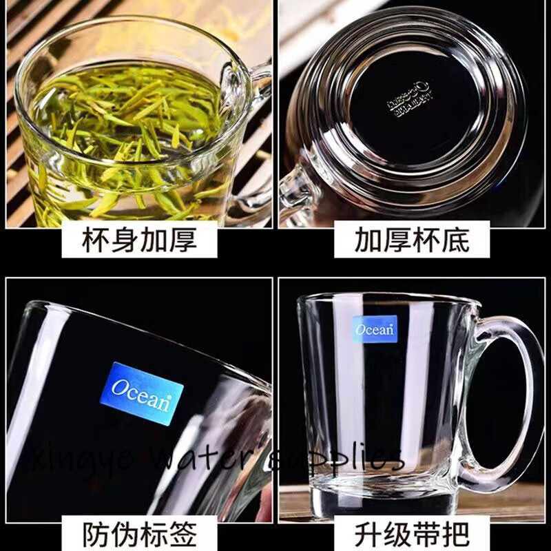 鸥欣进口玻璃茶杯耐热泡茶杯带把家用待客水杯加厚大容量茶杯喝绿茶杯 肯雅把杯320ml*6只+托盘