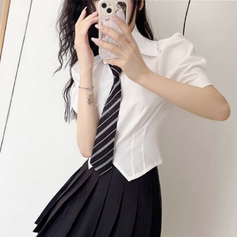 木西十学院风jk衬衫制服纯欲三件套装女夏季收腰短袖上衣女搭配百褶