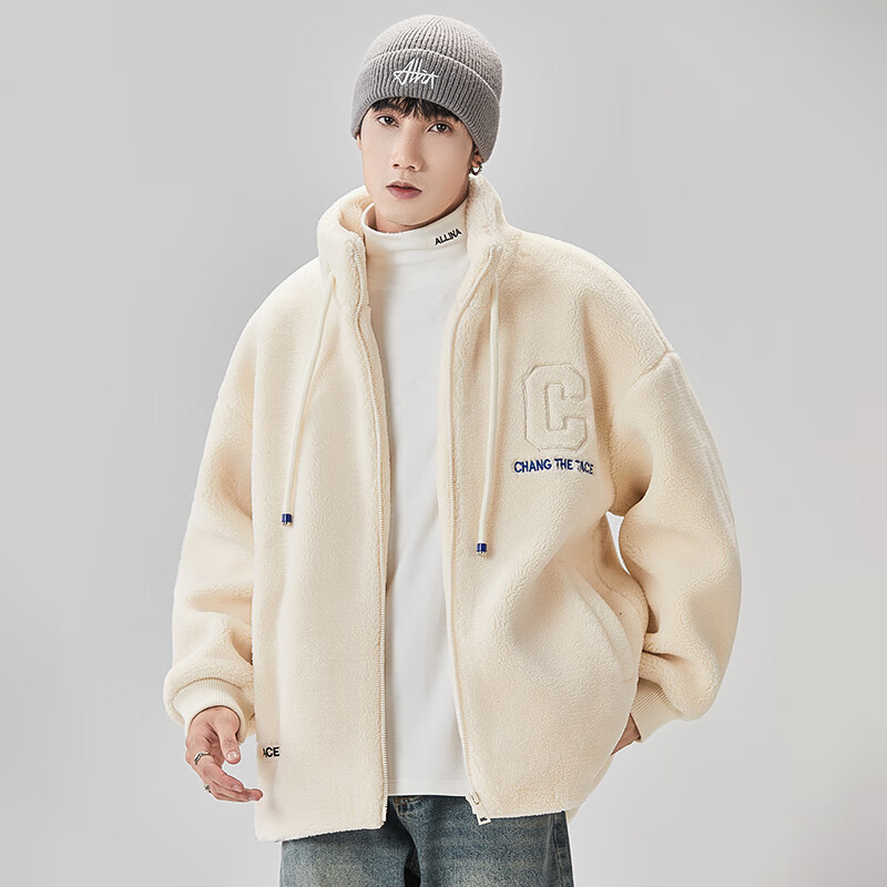 dizsegurbaks秋冬新款羊羔毛外套男士加厚保暖棉服羊羔绒立领夹克 米