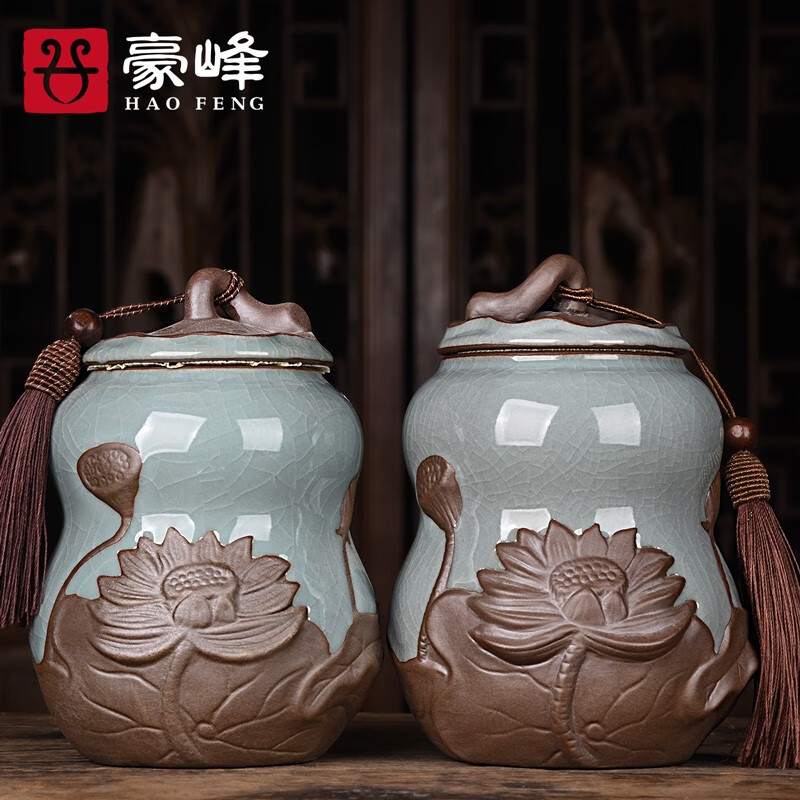 大号茶罐功夫茶 【大号】【天青】【一鹭莲升茶叶罐2个装】【简装】