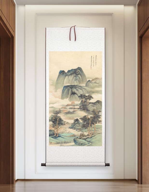 新品代名家张大千精品中堂山水工笔玄关画国画办公室竖挂画 中堂山水