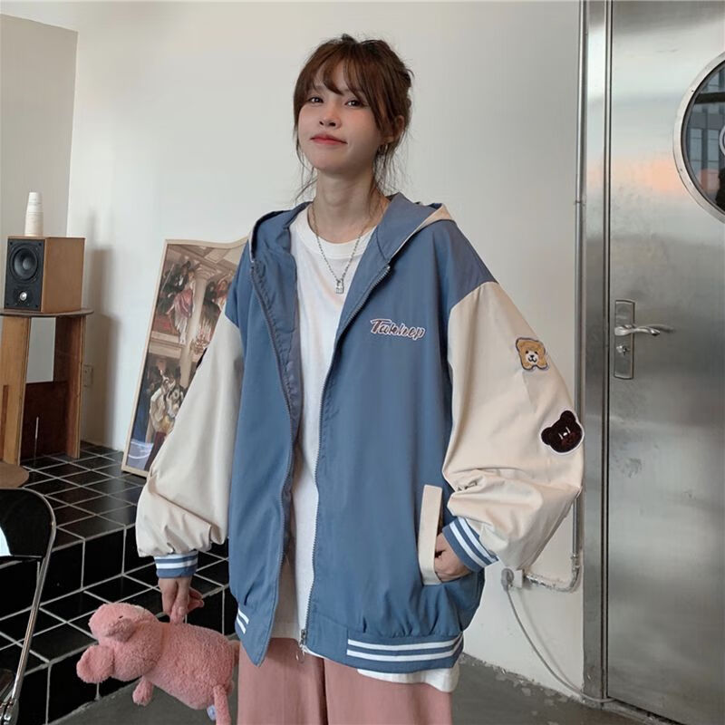 棒球服女春秋学生带帽嘻哈风新款bf嘻哈风中长款连帽长袖宽松休闲外套