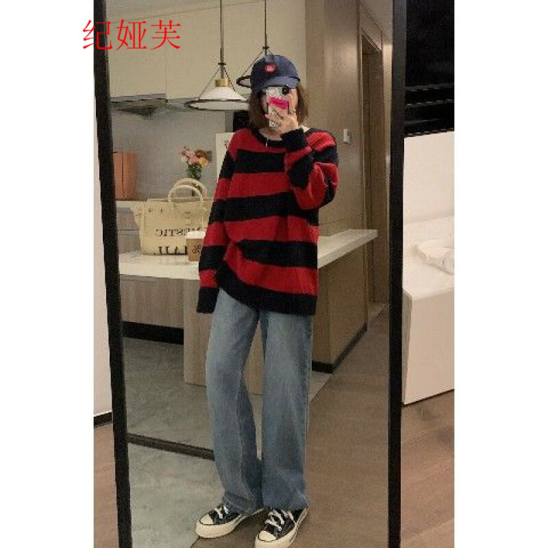 veee 很好看的红黑条纹 秋冬经典撞色慵懒显瘦圆领套头针织毛衣 红色