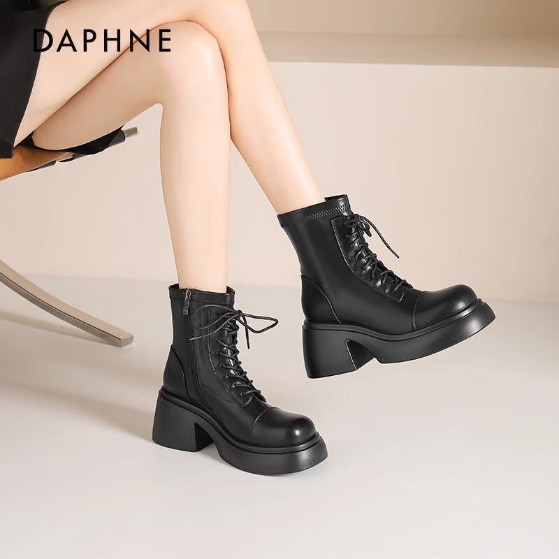 达芙妮厚底马丁靴女新款秋冬英伦风小个子女靴经典系带短靴女高跟鞋LQ 百搭黑【新款上市】 37