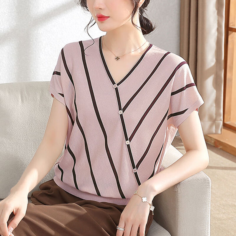 茜立里热天的中年女士衣服30岁女士短袖年轻妈妈夏装条纹短袖t恤冰丝