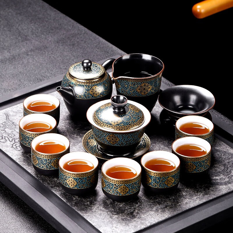 功夫茶具套装陶瓷家用客厅鎏金盖碗茶壶茶杯中式复古礼盒装 古韵12头