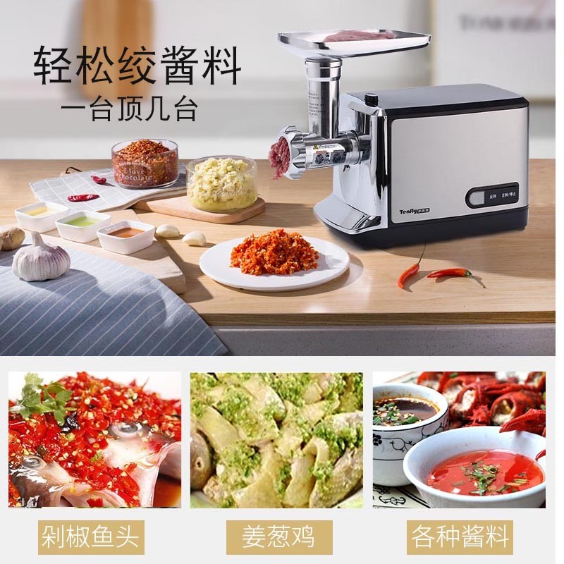 Tenfly绞肉机家用电动灌肠机搅肉机多功能碎肉饺馅机小型商用辣椒蒜蓉机大功率绞肉机 拉丝银 350W 标配双刀片 3L