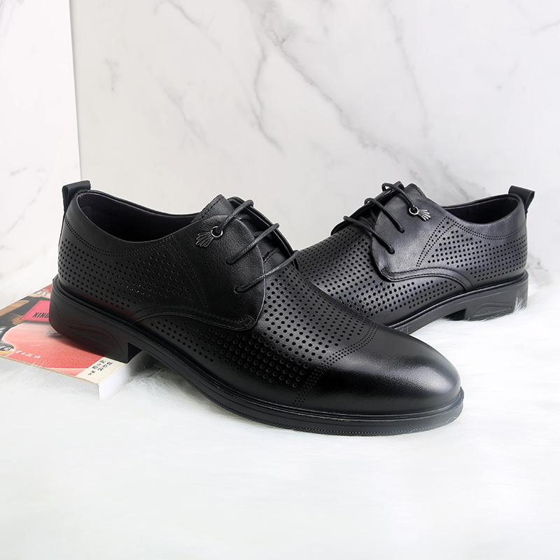 邦赛2024年真皮休闲皮鞋男镂空夏季透气防滑系带男鞋英伦风皮凉鞋