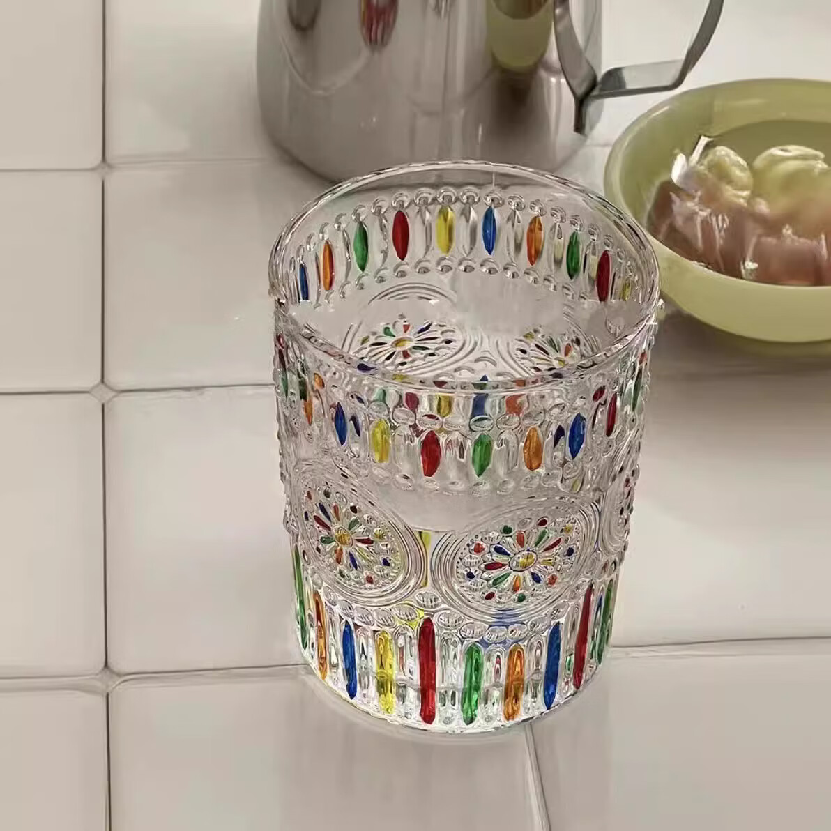 【现货现发】会折射彩虹光泽彩绘水杯手绘设计感玻璃杯子 柠黄编织 401-500ml