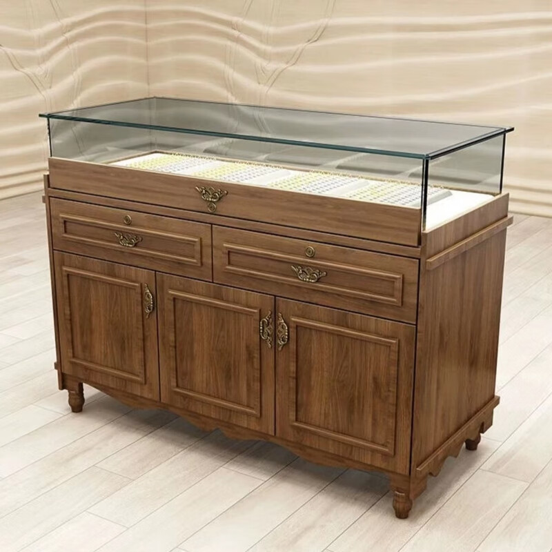 蕴捷 复古实木珠宝展示柜古玩玉器翡翠玻璃展柜首饰银饰文物中岛柜台