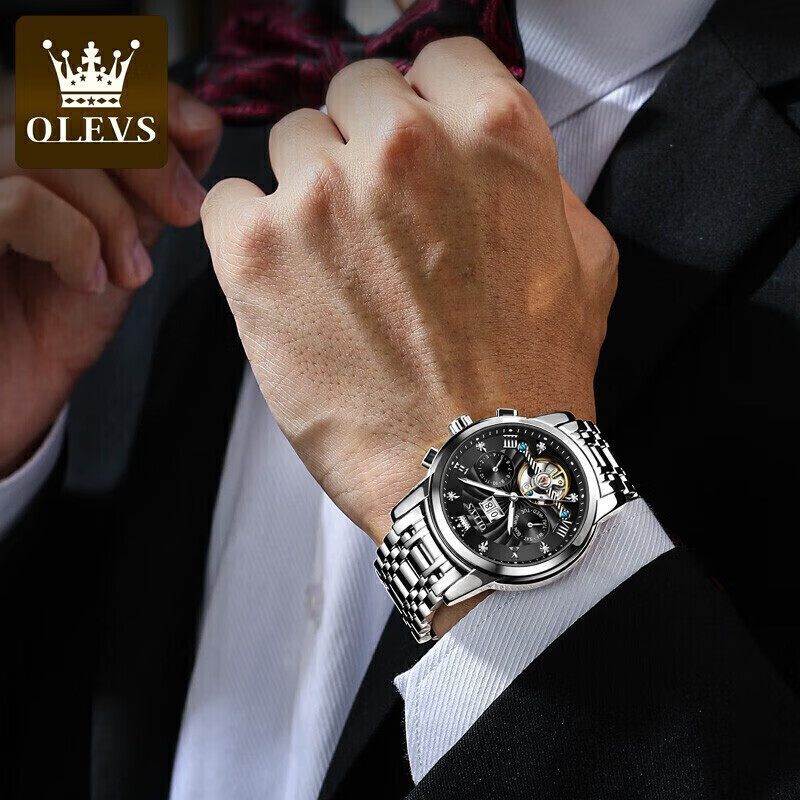 欧利时(OLEVS)瑞士认证手表男机械表全自动夜光防水多功能男士手表商务品牌腕表 【升级加强版】钢带本黑 【全国联保】