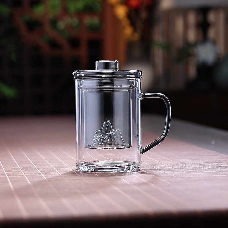 全度高硼硅耐热玻璃加厚茶杯办公室茶水分离三件式泡茶杯家用水杯 观山茶漏三件杯【钮盖】 400ml 1只