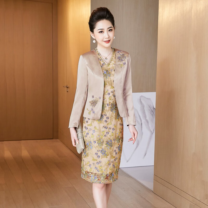 艾上他她绣妈妈装礼服洋气香槟色喜婆婆婚宴装春秋两件 整套 套装 m