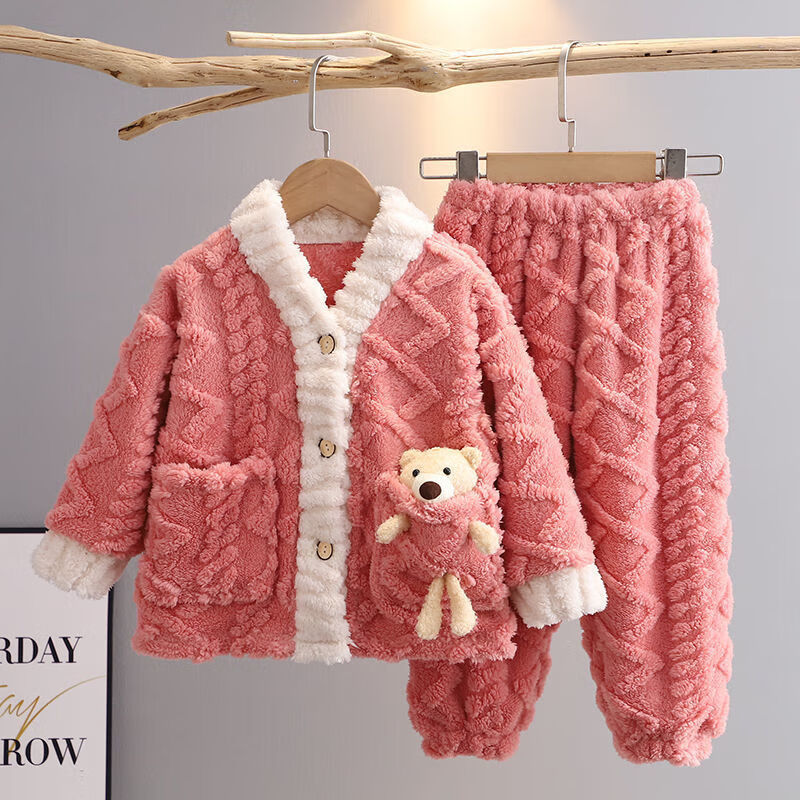 秋冬款加厚加绒法兰绒睡衣套装中大男童女孩珊瑚绒家居服 布偶熊粉色